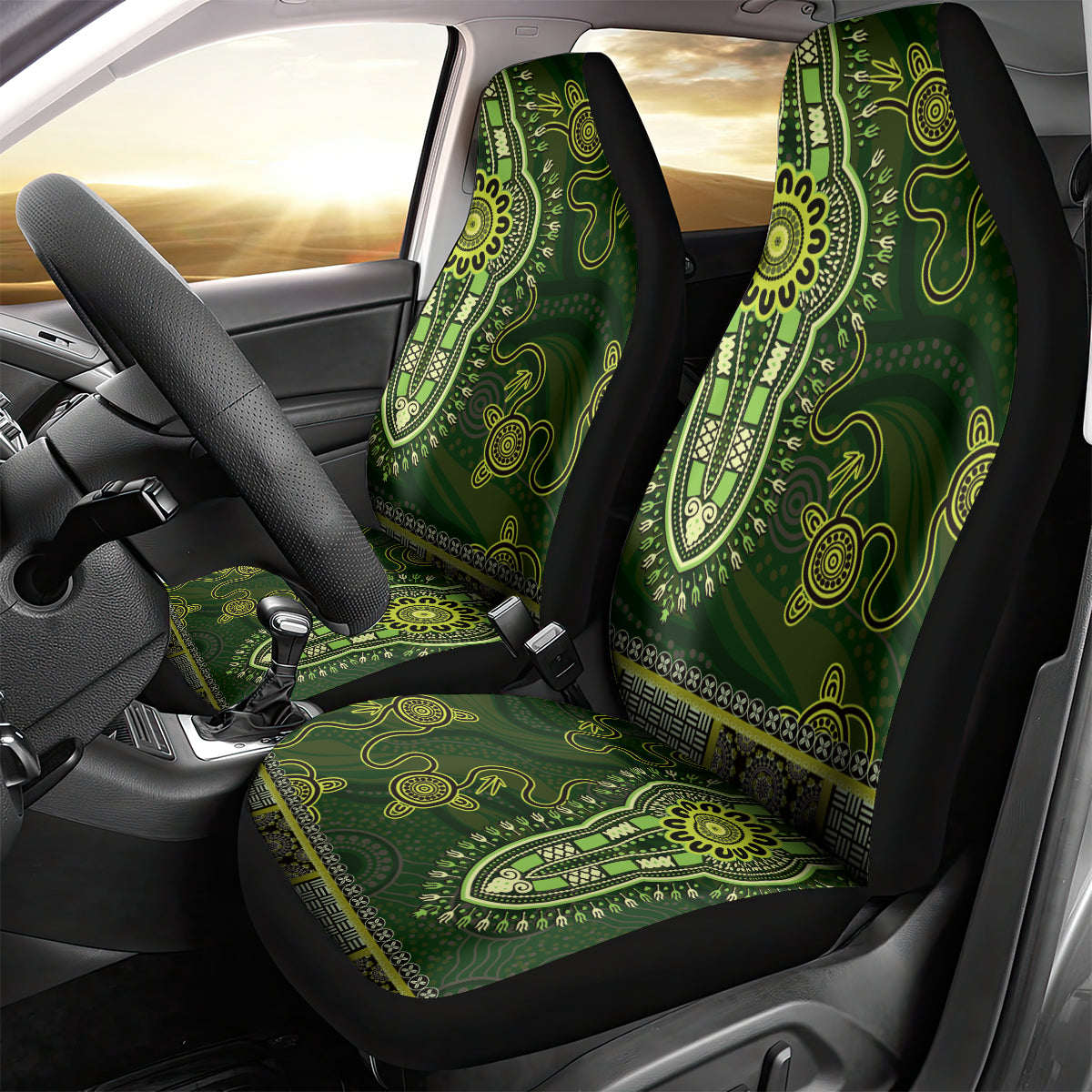 Lime Green African Dashiki With Australia Aboriginal Art Car Seat Cover