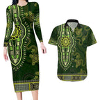 Lime Green African Dashiki With Australia Aboriginal Art Couples Matching Long Sleeve Bodycon Dress and Hawaiian Shirt