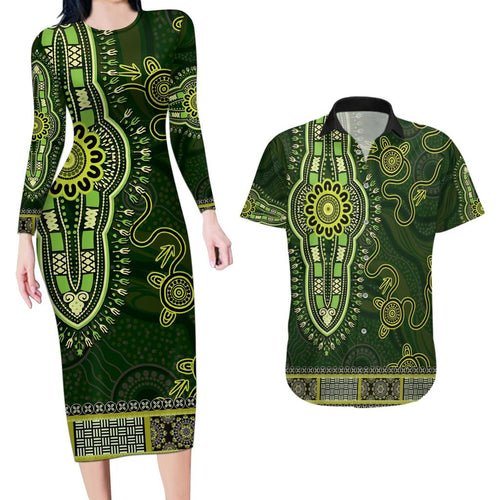 Lime Green African Dashiki With Australia Aboriginal Art Couples Matching Long Sleeve Bodycon Dress and Hawaiian Shirt