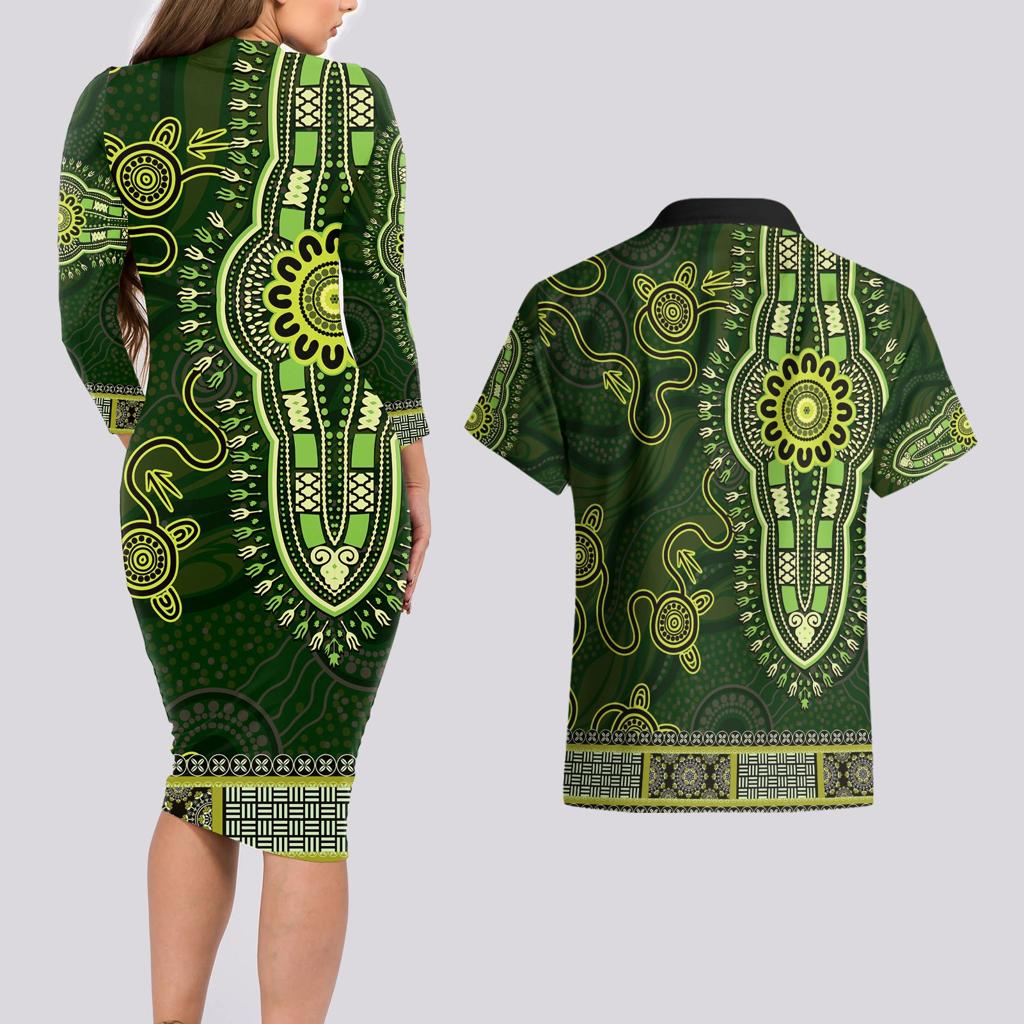Lime Green African Dashiki With Australia Aboriginal Art Couples Matching Long Sleeve Bodycon Dress and Hawaiian Shirt