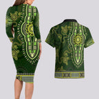 Lime Green African Dashiki With Australia Aboriginal Art Couples Matching Long Sleeve Bodycon Dress and Hawaiian Shirt