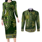 Lime Green African Dashiki With Australia Aboriginal Art Couples Matching Long Sleeve Bodycon Dress and Long Sleeve Button Shirt