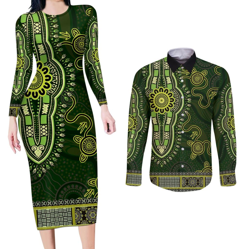 Lime Green African Dashiki With Australia Aboriginal Art Couples Matching Long Sleeve Bodycon Dress and Long Sleeve Button Shirt