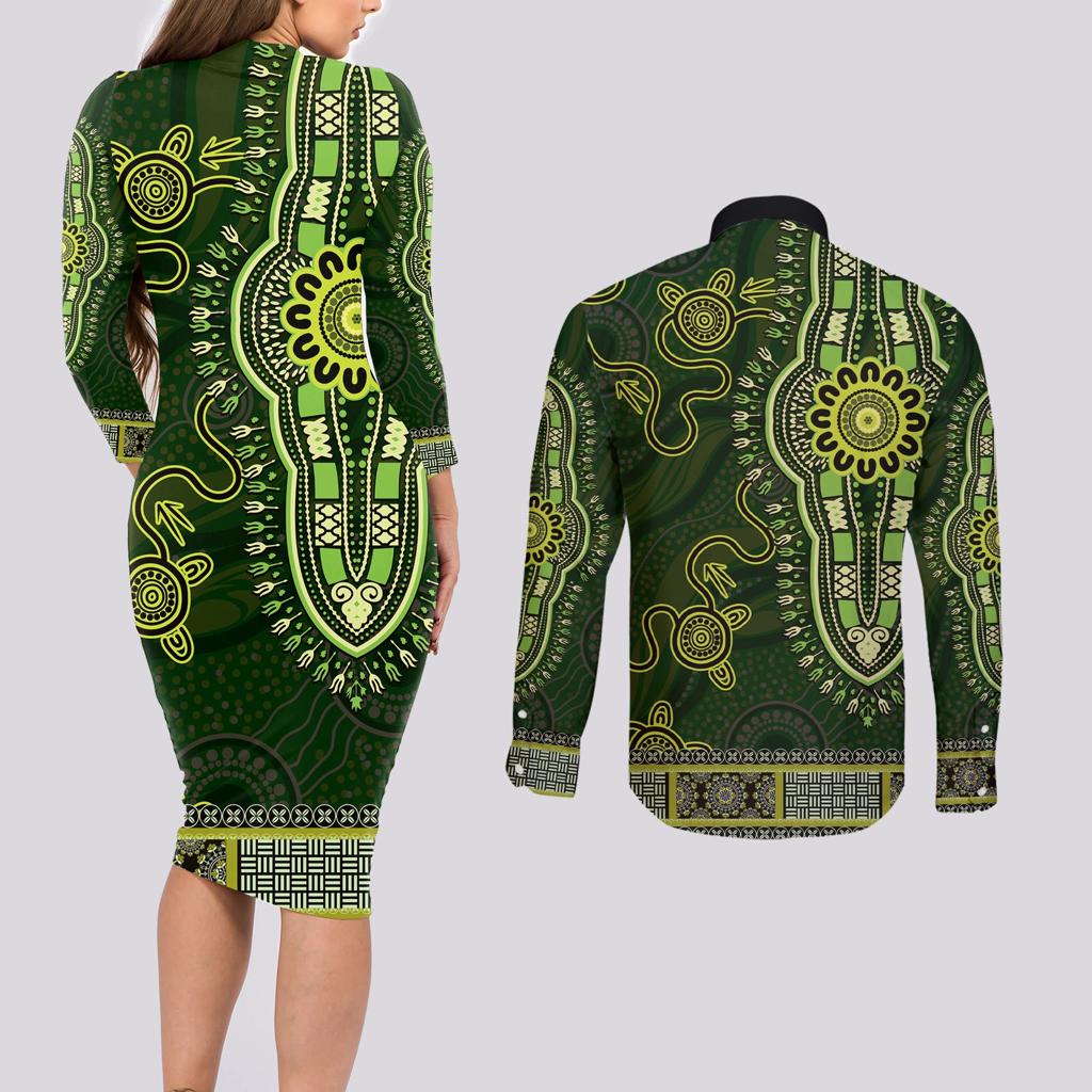 Lime Green African Dashiki With Australia Aboriginal Art Couples Matching Long Sleeve Bodycon Dress and Long Sleeve Button Shirt