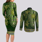 Lime Green African Dashiki With Australia Aboriginal Art Couples Matching Long Sleeve Bodycon Dress and Long Sleeve Button Shirt