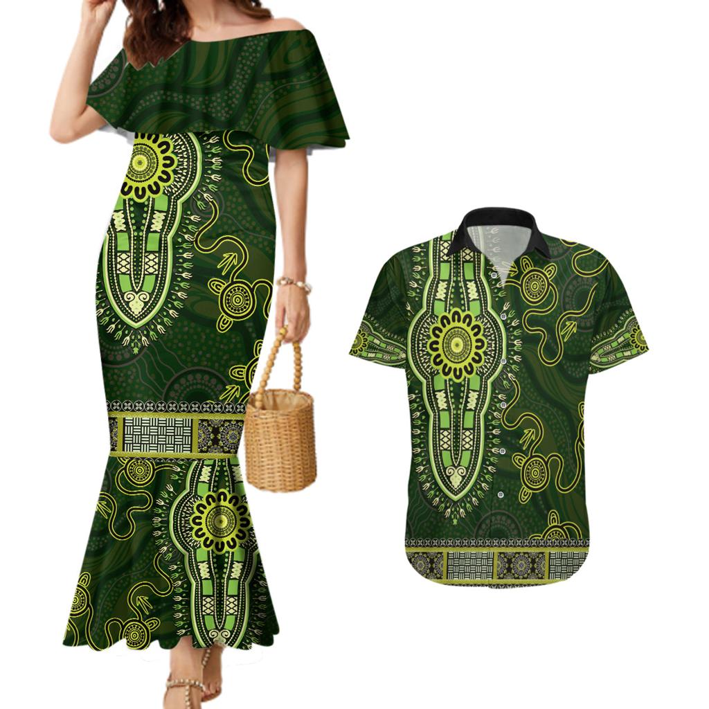 Lime Green African Dashiki With Australia Aboriginal Art Couples Matching Mermaid Dress and Hawaiian Shirt