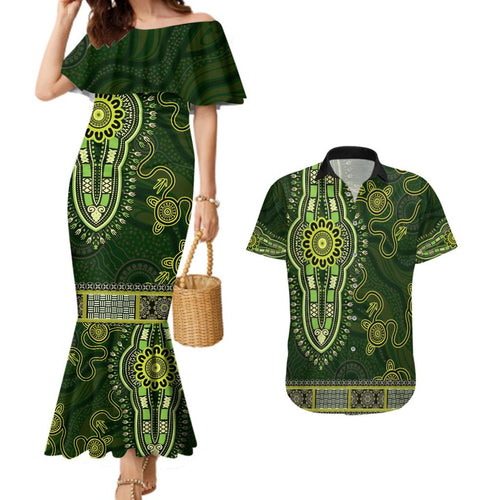 Lime Green African Dashiki With Australia Aboriginal Art Couples Matching Mermaid Dress and Hawaiian Shirt