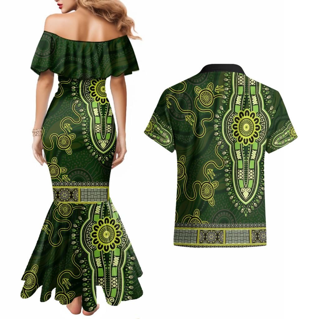 Lime Green African Dashiki With Australia Aboriginal Art Couples Matching Mermaid Dress and Hawaiian Shirt