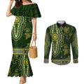 Lime Green African Dashiki With Australia Aboriginal Art Couples Matching Mermaid Dress and Long Sleeve Button Shirt