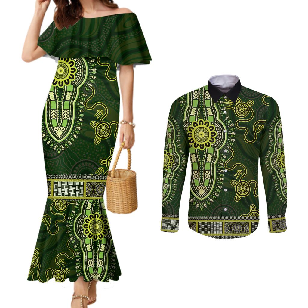Lime Green African Dashiki With Australia Aboriginal Art Couples Matching Mermaid Dress and Long Sleeve Button Shirt