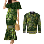 Lime Green African Dashiki With Australia Aboriginal Art Couples Matching Mermaid Dress and Long Sleeve Button Shirt
