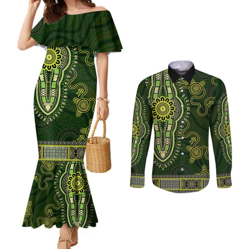 Lime Green African Dashiki With Australia Aboriginal Art Couples Matching Mermaid Dress and Long Sleeve Button Shirt