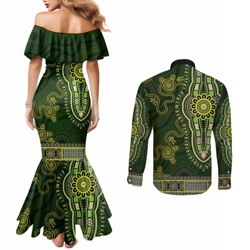 Lime Green African Dashiki With Australia Aboriginal Art Couples Matching Mermaid Dress and Long Sleeve Button Shirt