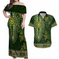 Lime Green African Dashiki With Australia Aboriginal Art Couples Matching Off Shoulder Maxi Dress and Hawaiian Shirt