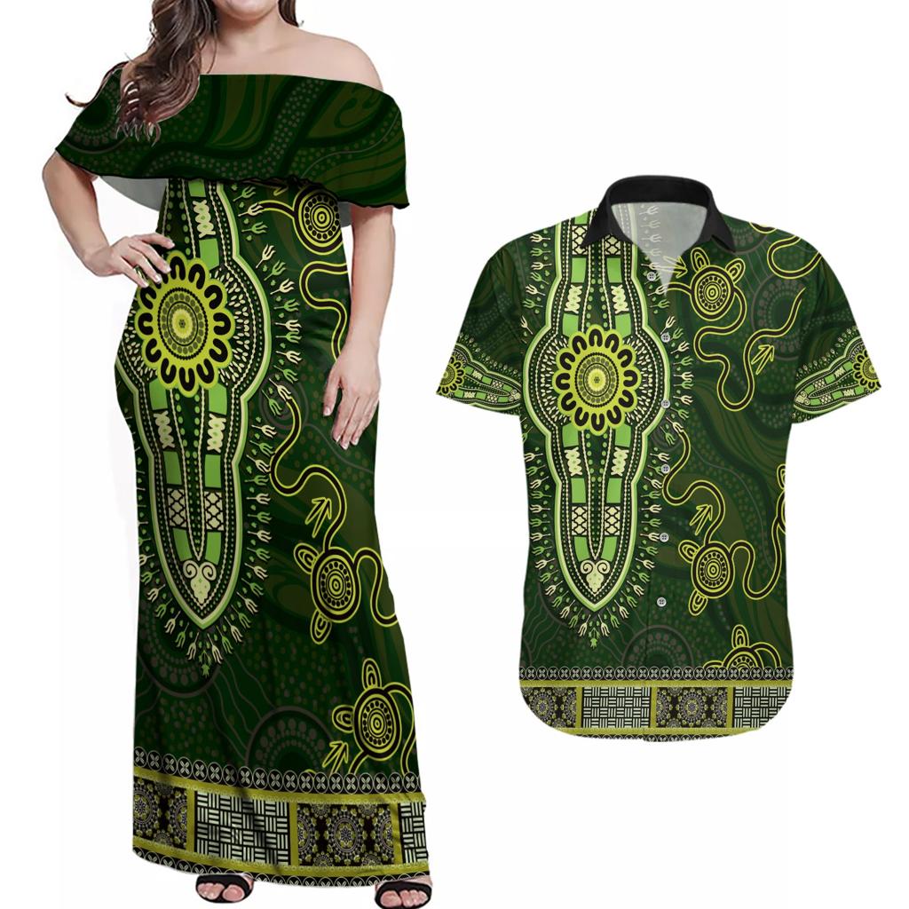 Lime Green African Dashiki With Australia Aboriginal Art Couples Matching Off Shoulder Maxi Dress and Hawaiian Shirt