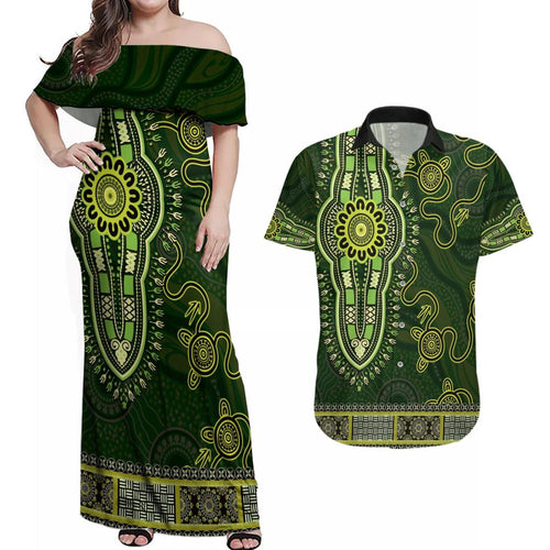 Lime Green African Dashiki With Australia Aboriginal Art Couples Matching Off Shoulder Maxi Dress and Hawaiian Shirt