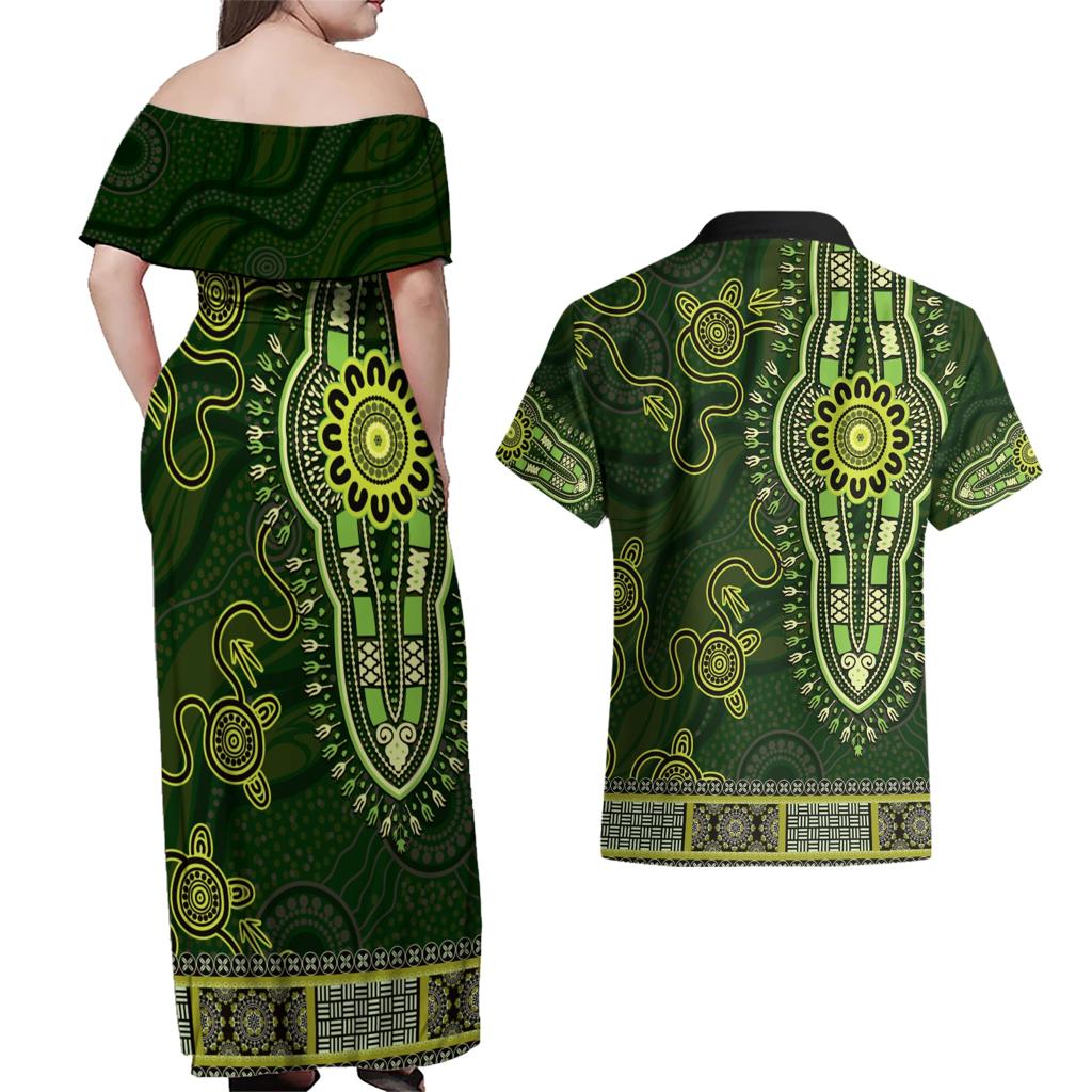 Lime Green African Dashiki With Australia Aboriginal Art Couples Matching Off Shoulder Maxi Dress and Hawaiian Shirt