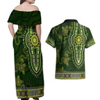Lime Green African Dashiki With Australia Aboriginal Art Couples Matching Off Shoulder Maxi Dress and Hawaiian Shirt
