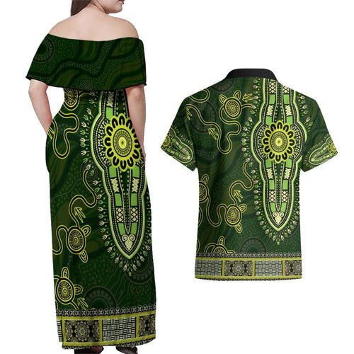Lime Green African Dashiki With Australia Aboriginal Art Couples Matching Off Shoulder Maxi Dress and Hawaiian Shirt