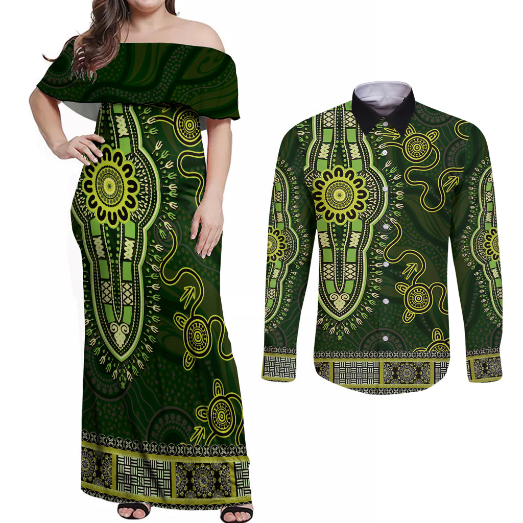 Lime Green African Dashiki With Australia Aboriginal Art Couples Matching Off Shoulder Maxi Dress and Long Sleeve Button Shirt