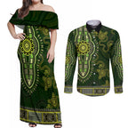 Lime Green African Dashiki With Australia Aboriginal Art Couples Matching Off Shoulder Maxi Dress and Long Sleeve Button Shirt