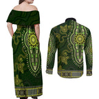 Lime Green African Dashiki With Australia Aboriginal Art Couples Matching Off Shoulder Maxi Dress and Long Sleeve Button Shirt