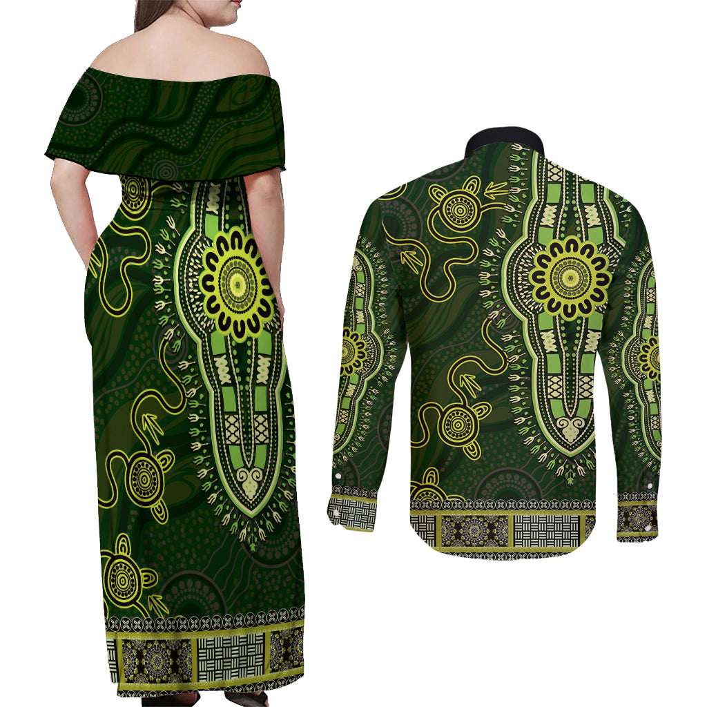 Lime Green African Dashiki With Australia Aboriginal Art Couples Matching Off Shoulder Maxi Dress and Long Sleeve Button Shirt