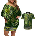 Lime Green African Dashiki With Australia Aboriginal Art Couples Matching Off Shoulder Short Dress and Hawaiian Shirt