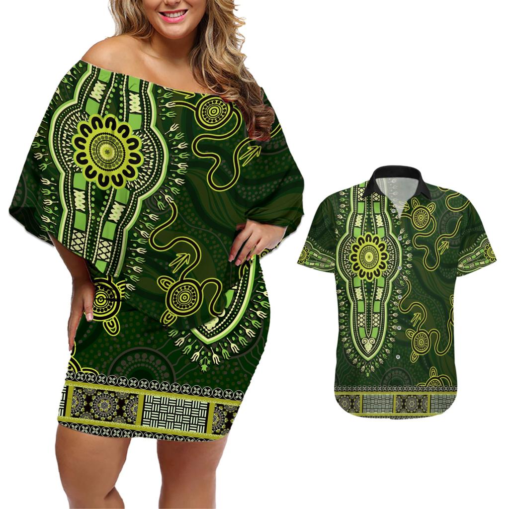 Lime Green African Dashiki With Australia Aboriginal Art Couples Matching Off Shoulder Short Dress and Hawaiian Shirt