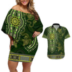 Lime Green African Dashiki With Australia Aboriginal Art Couples Matching Off Shoulder Short Dress and Hawaiian Shirt