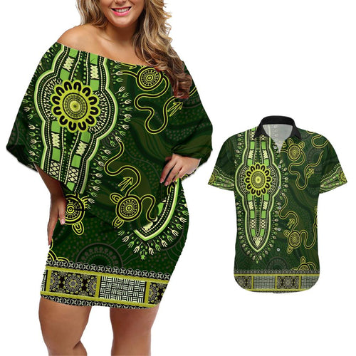 Lime Green African Dashiki With Australia Aboriginal Art Couples Matching Off Shoulder Short Dress and Hawaiian Shirt
