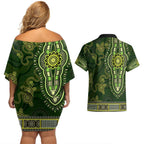 Lime Green African Dashiki With Australia Aboriginal Art Couples Matching Off Shoulder Short Dress and Hawaiian Shirt