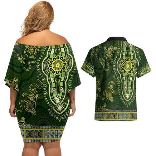 Lime Green African Dashiki With Australia Aboriginal Art Couples Matching Off Shoulder Short Dress and Hawaiian Shirt