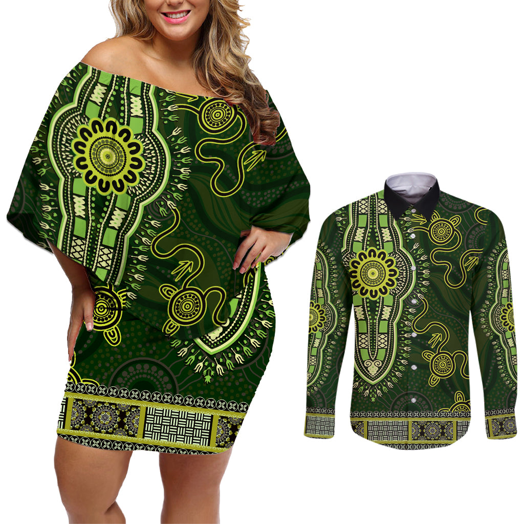 Lime Green African Dashiki With Australia Aboriginal Art Couples Matching Off Shoulder Short Dress and Long Sleeve Button Shirt