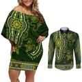 Lime Green African Dashiki With Australia Aboriginal Art Couples Matching Off Shoulder Short Dress and Long Sleeve Button Shirt