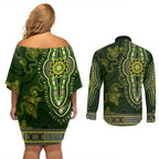 Lime Green African Dashiki With Australia Aboriginal Art Couples Matching Off Shoulder Short Dress and Long Sleeve Button Shirt