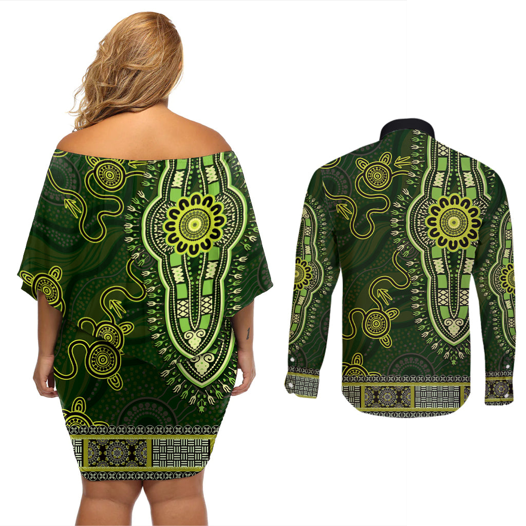 Lime Green African Dashiki With Australia Aboriginal Art Couples Matching Off Shoulder Short Dress and Long Sleeve Button Shirt