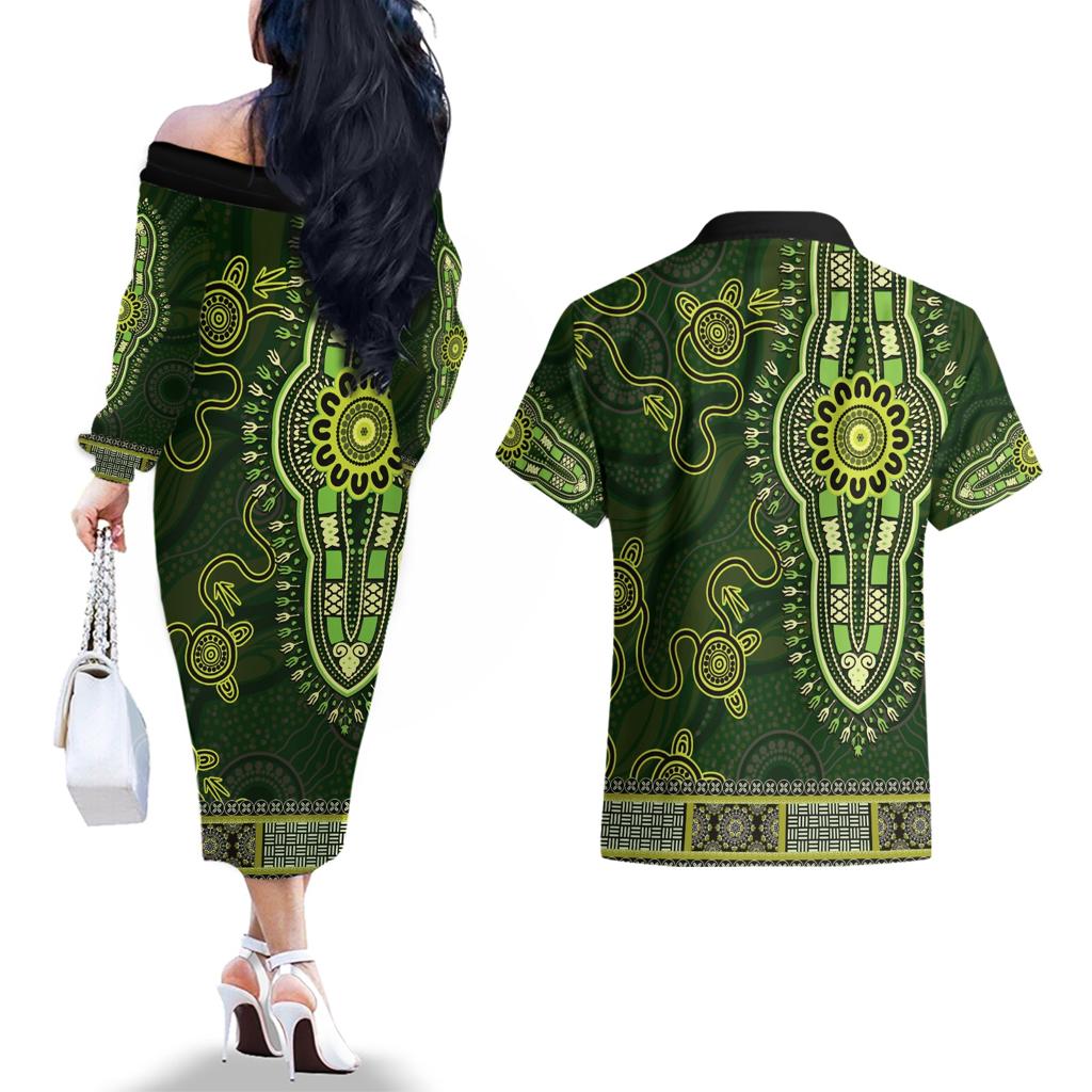 Lime Green African Dashiki With Australia Aboriginal Art Couples Matching Off The Shoulder Long Sleeve Dress and Hawaiian Shirt