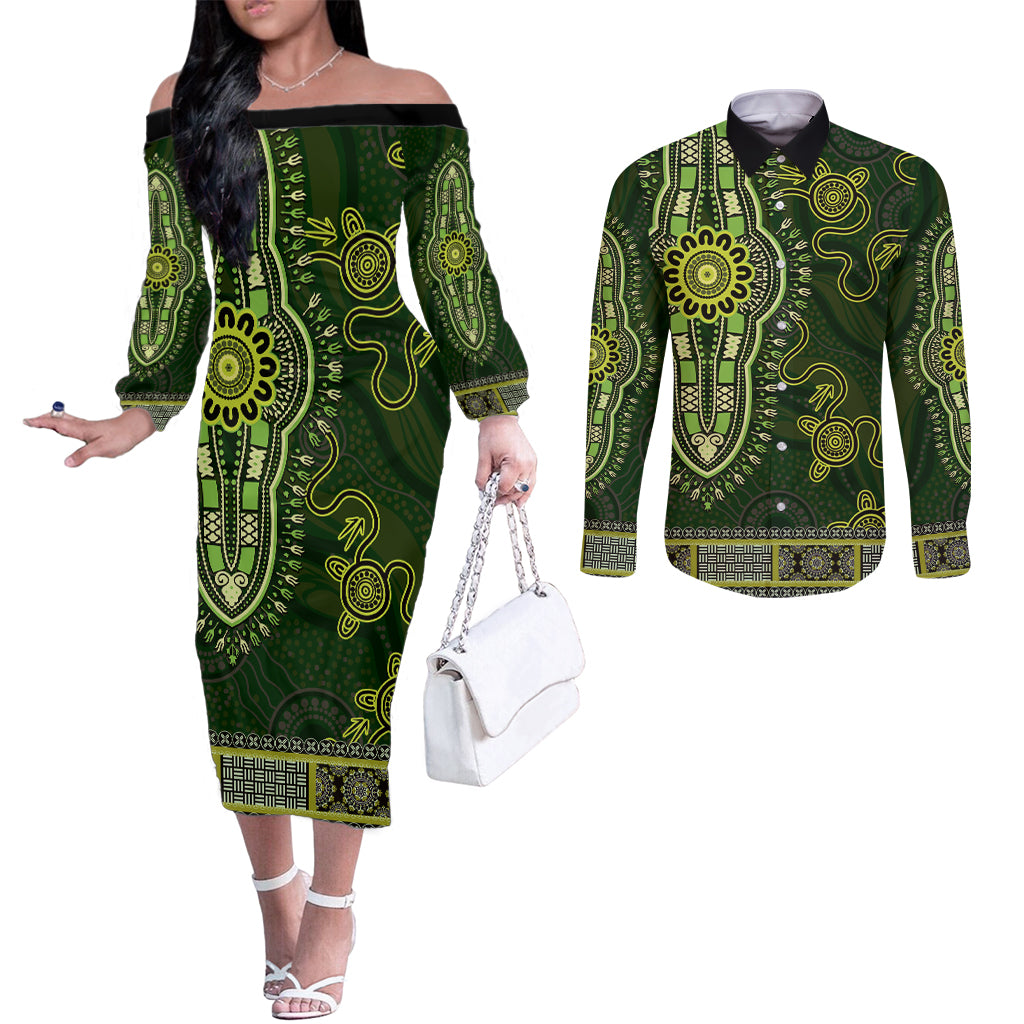 Lime Green African Dashiki With Australia Aboriginal Art Couples Matching Off The Shoulder Long Sleeve Dress and Long Sleeve Button Shirt