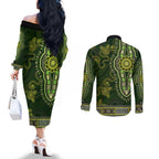 Lime Green African Dashiki With Australia Aboriginal Art Couples Matching Off The Shoulder Long Sleeve Dress and Long Sleeve Button Shirt