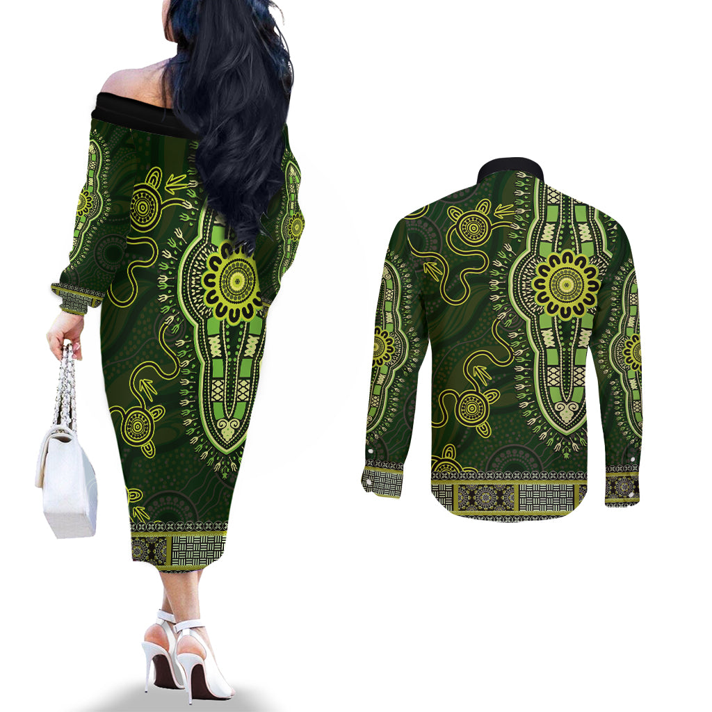 Lime Green African Dashiki With Australia Aboriginal Art Couples Matching Off The Shoulder Long Sleeve Dress and Long Sleeve Button Shirt