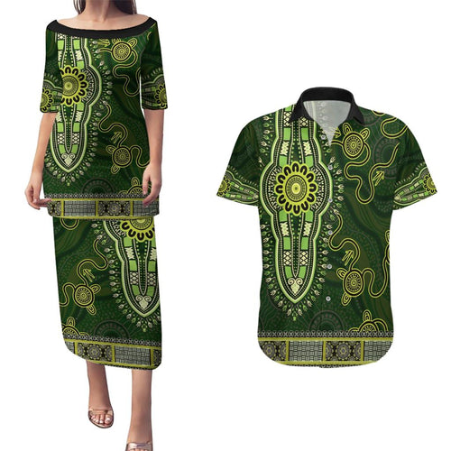 Lime Green African Dashiki With Australia Aboriginal Art Couples Matching Puletasi and Hawaiian Shirt