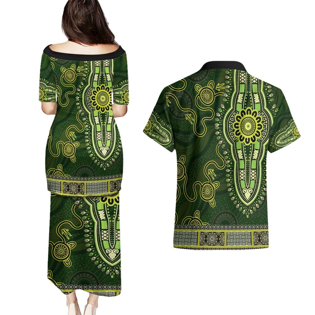 Lime Green African Dashiki With Australia Aboriginal Art Couples Matching Puletasi and Hawaiian Shirt