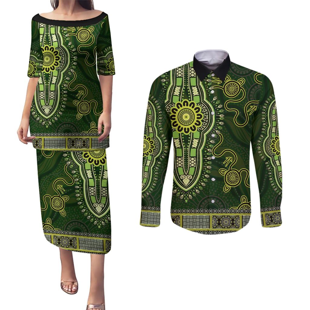 Lime Green African Dashiki With Australia Aboriginal Art Couples Matching Puletasi and Long Sleeve Button Shirt