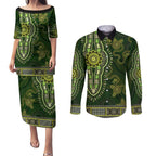 Lime Green African Dashiki With Australia Aboriginal Art Couples Matching Puletasi and Long Sleeve Button Shirt