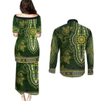 Lime Green African Dashiki With Australia Aboriginal Art Couples Matching Puletasi and Long Sleeve Button Shirt