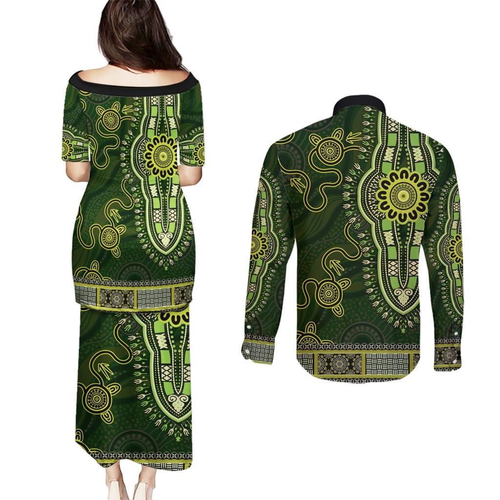 Lime Green African Dashiki With Australia Aboriginal Art Couples Matching Puletasi and Long Sleeve Button Shirt