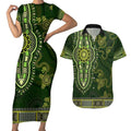 Lime Green African Dashiki With Australia Aboriginal Art Couples Matching Short Sleeve Bodycon Dress and Hawaiian Shirt