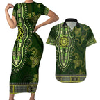 Lime Green African Dashiki With Australia Aboriginal Art Couples Matching Short Sleeve Bodycon Dress and Hawaiian Shirt