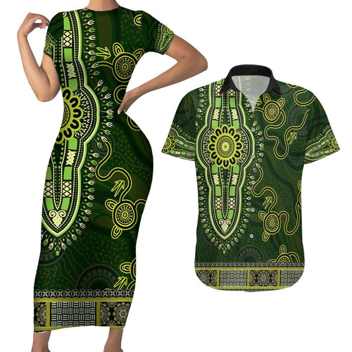 Lime Green African Dashiki With Australia Aboriginal Art Couples Matching Short Sleeve Bodycon Dress and Hawaiian Shirt